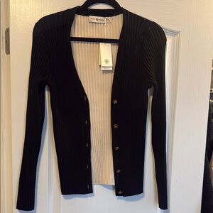 Tory Burch Black Colorblock Ribbed Cardigan